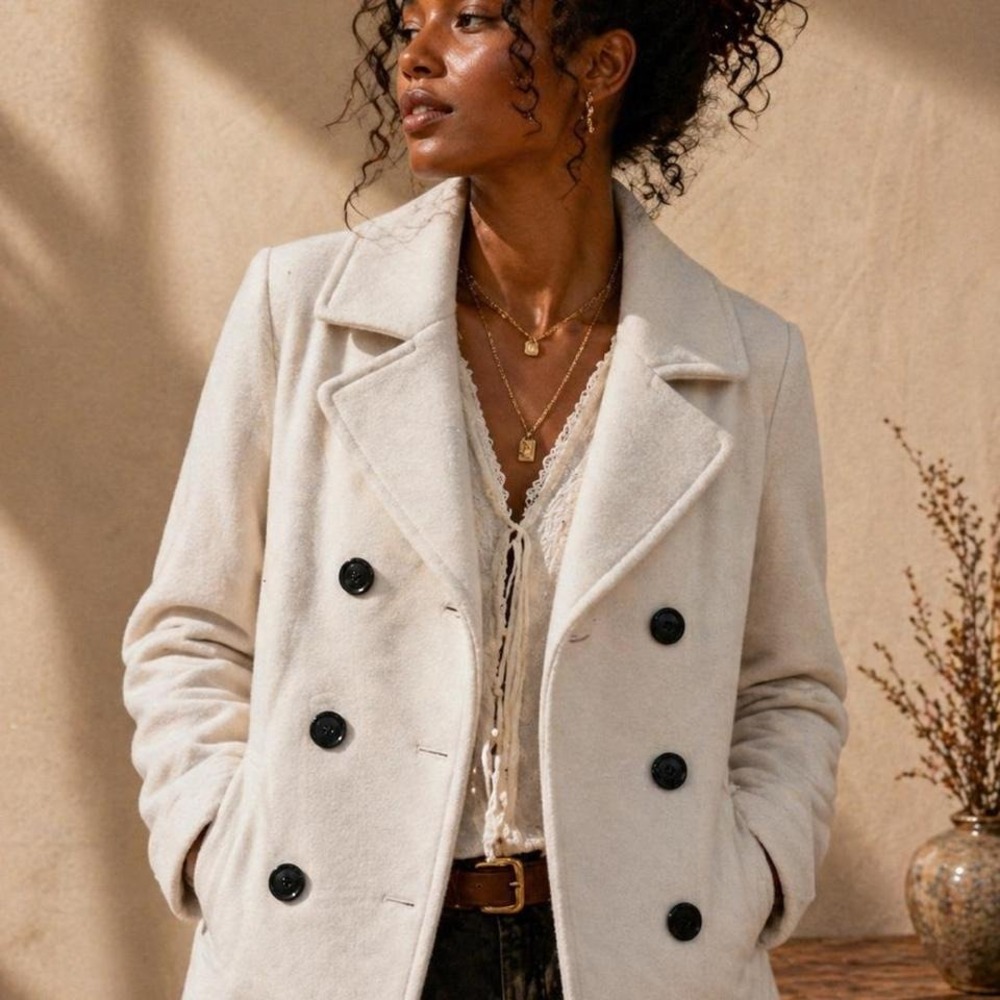 Rampage cream double breasted coat with black buttons. Size L